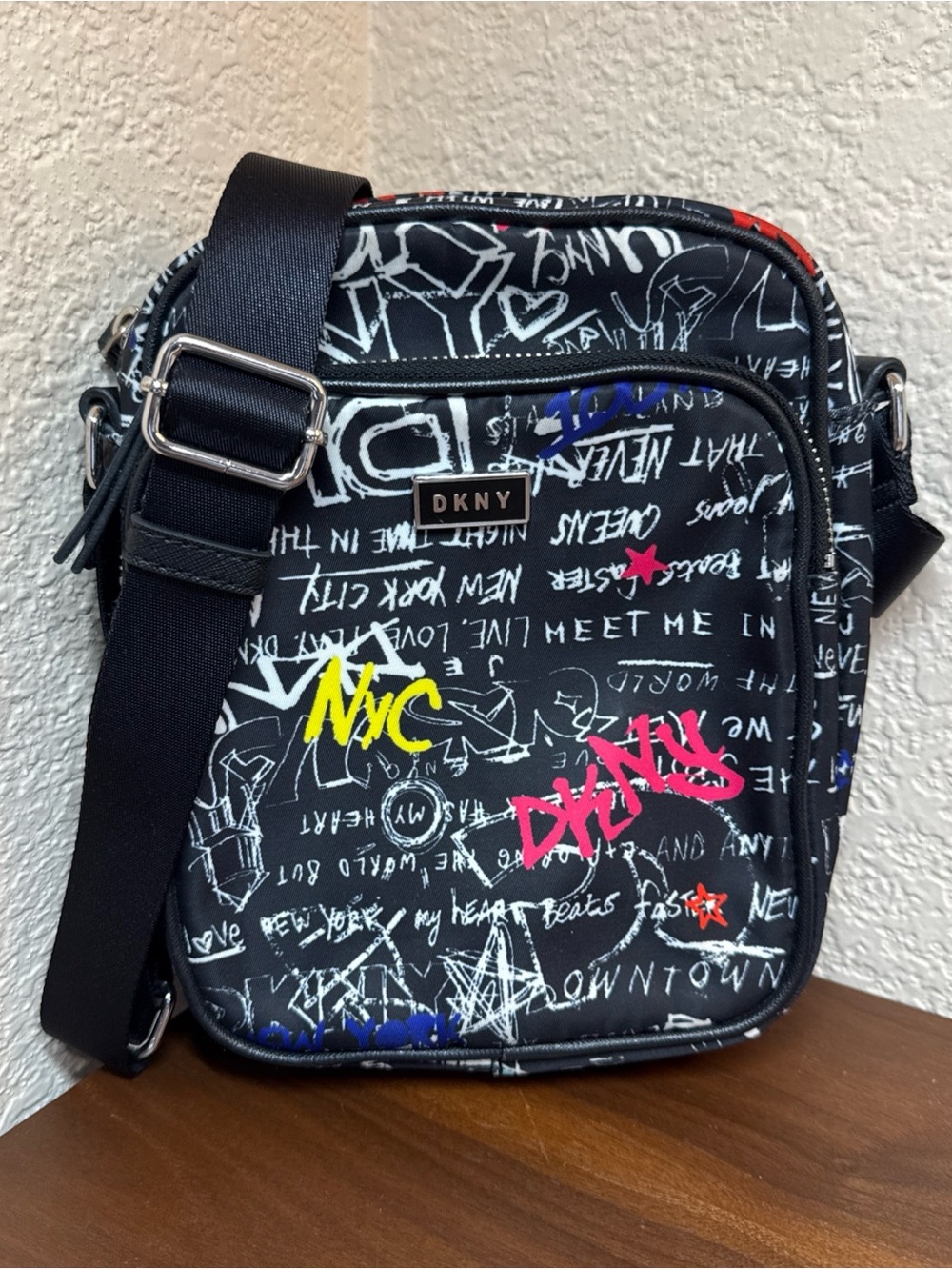 DKNY Gigi Double Zip Black & Graffiti Print Crossbody Bag New York City